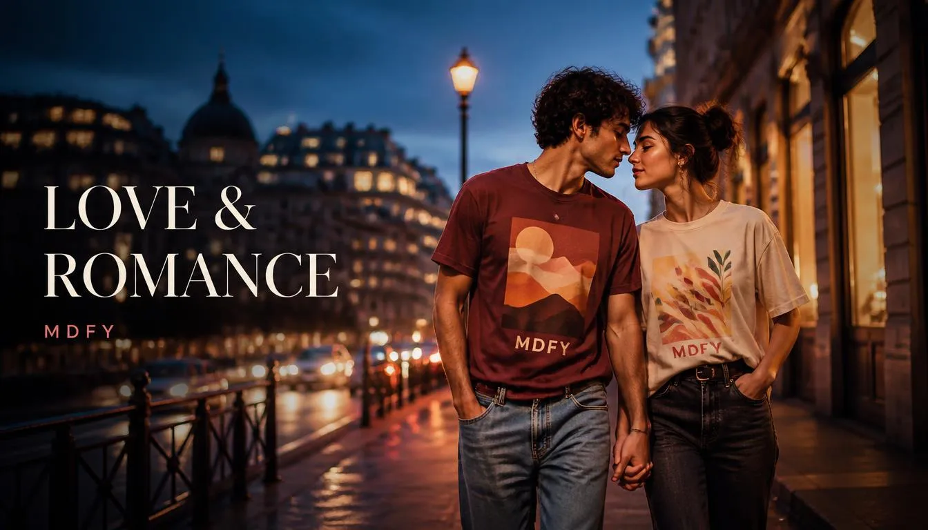 Moodiefy couple tshirt collection — matching couples tee shirts with DTF all-over print