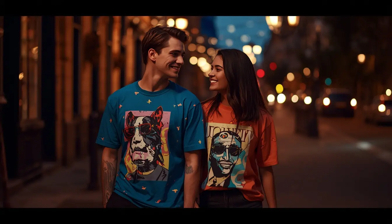 Two people wearing Moodiefy couple tshirts — DTF all-over print matching set built for two