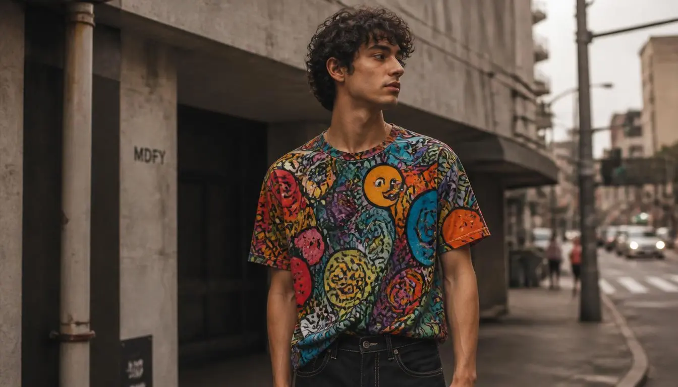 Model wearing Moodiefy colorful regular tee with full-fabric DTF print in regular fit