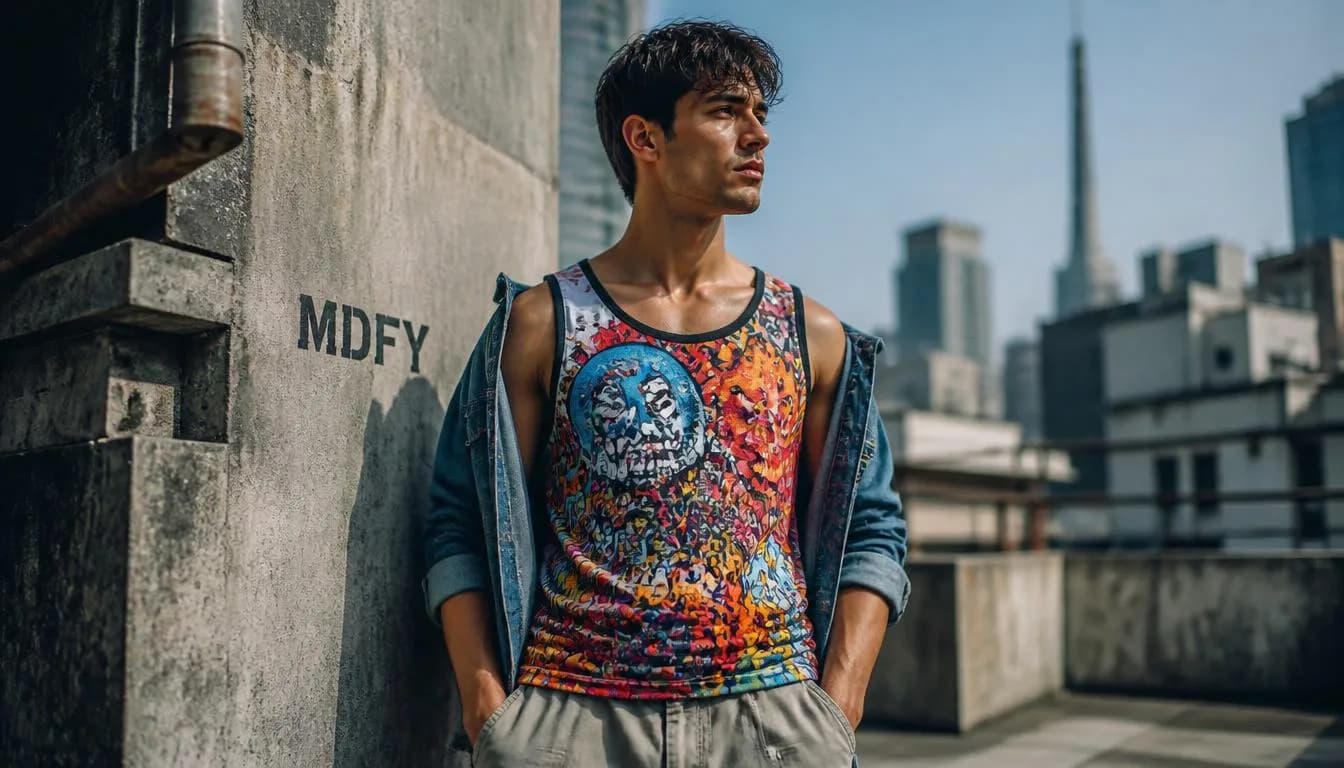 Model wearing Moodiefy colorful sleeveless tee — DTF all-over print graphic vest styled for streetwear