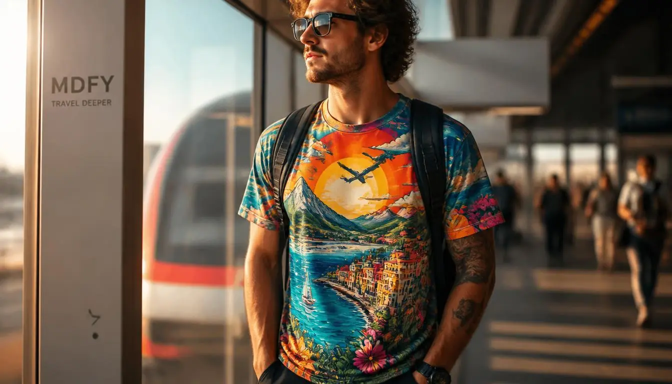 Model wearing Moodiefy adventure tshirt — DTF all-over print travel collection styled for every kind of journey
