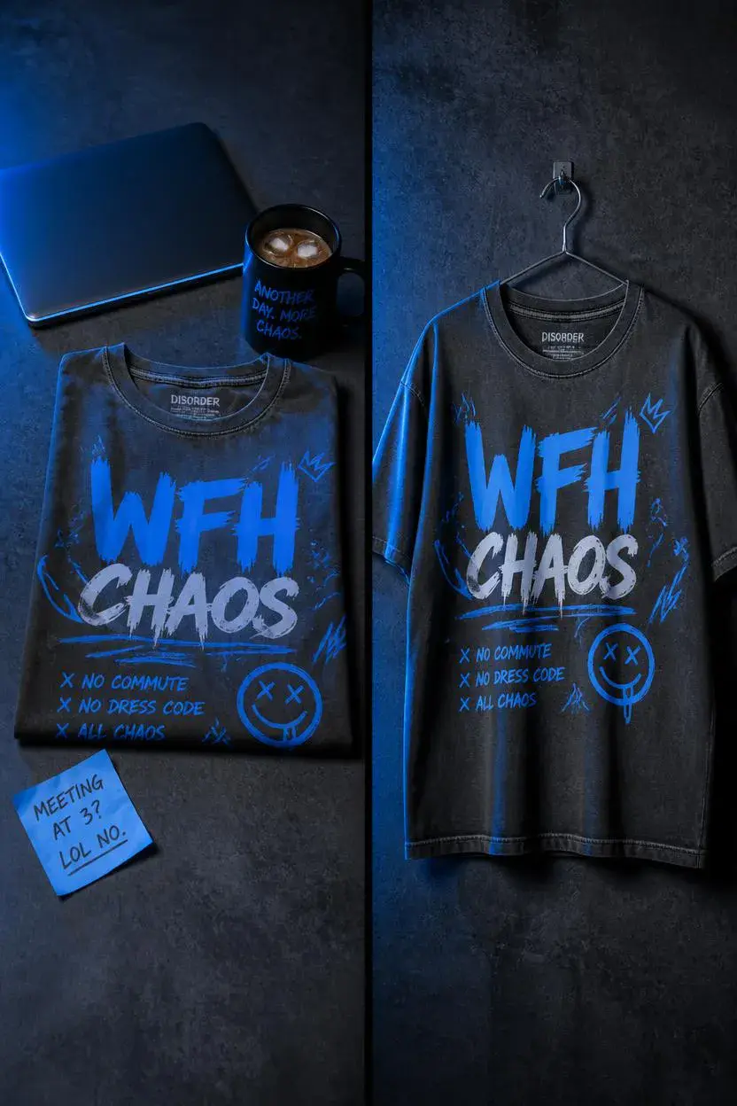 moodiefy work from home chaos mens printed tees — all over print dtf graphic t-shirts india